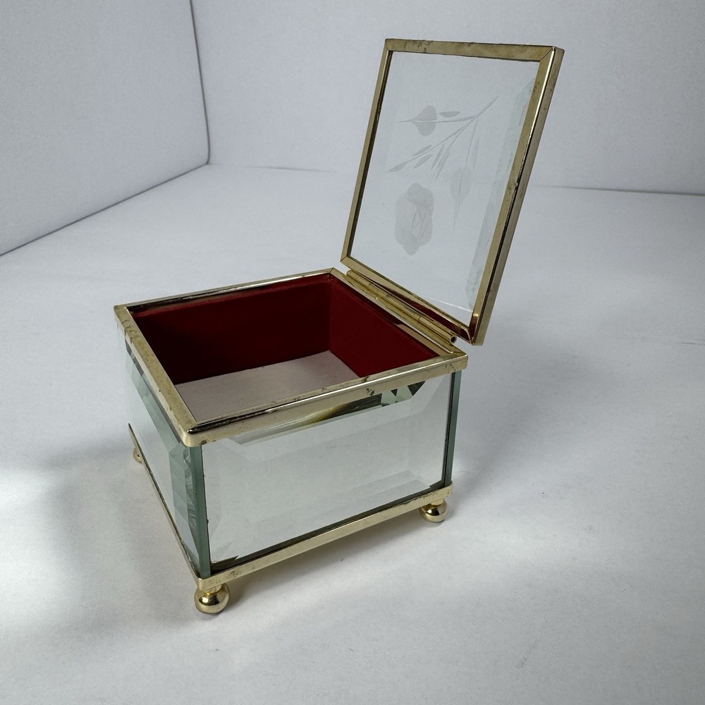 Vintage MELE Beveled Glass Jewelry Trinket Box Etched Rose Red Velvet Taiwan ROC